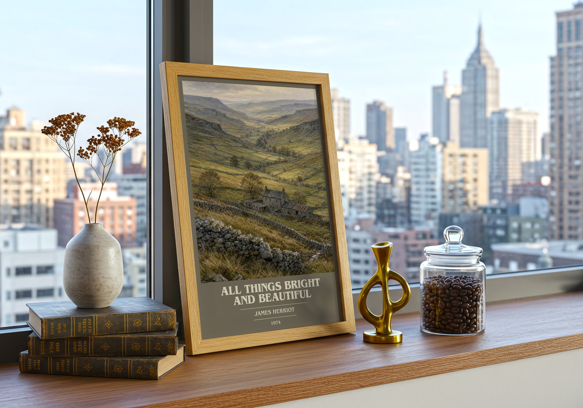 All Things Bright And Beautiful book cover print framed by window – literary home decor