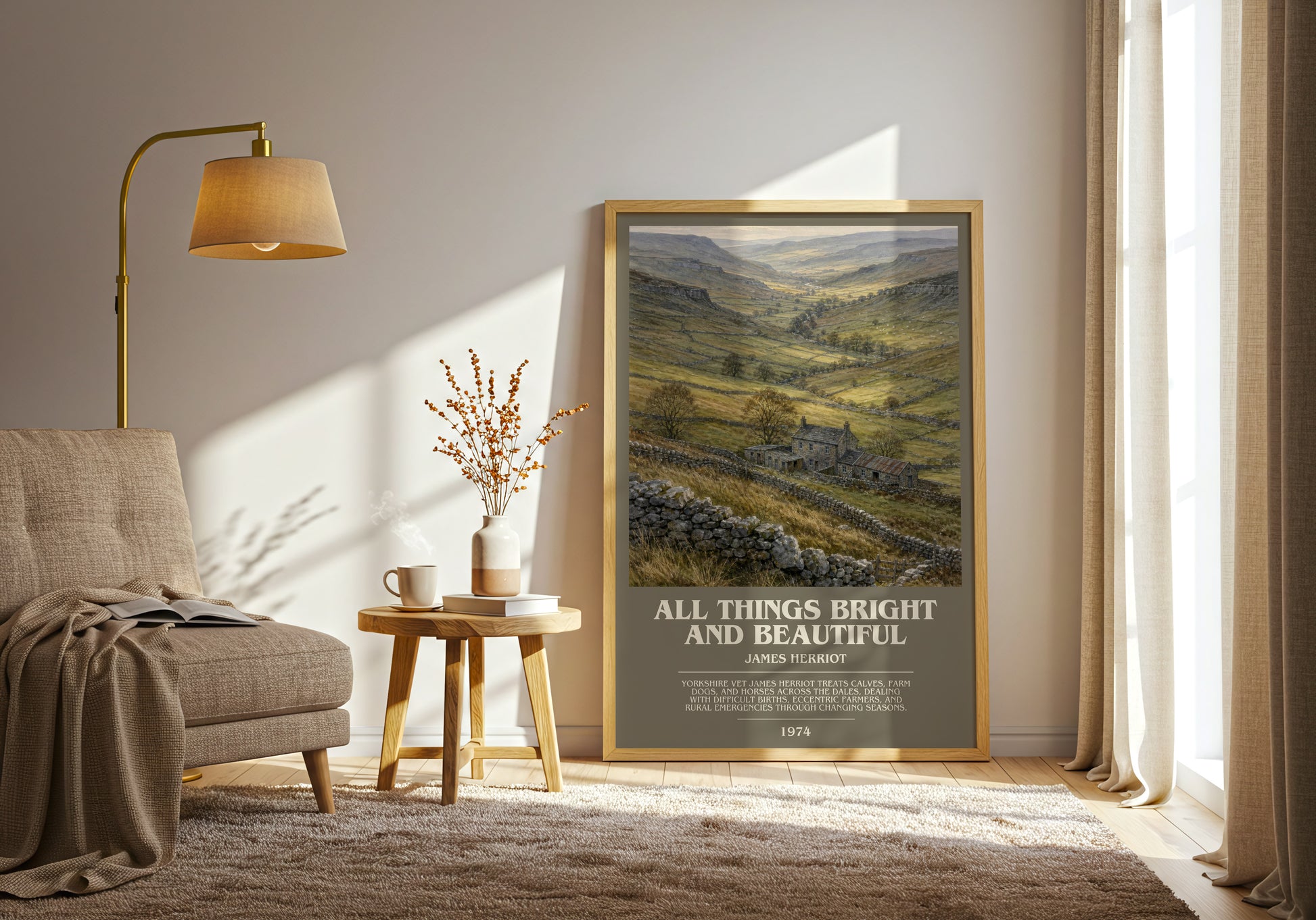 All Things Bright And Beautiful bookish print on bookshelf – James Herriot fan gift