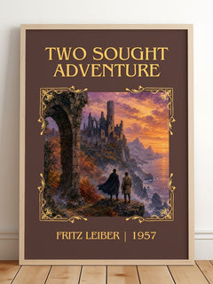 Two Sought Adventure Classic Book Art Print by Fritz Leiber – framed print leaning on a wooden floor