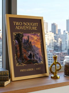Two Sought Adventure Classic Book Art Print by Fritz Leiber – framed print on a city-view windowsill