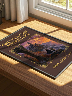 Two Sought Adventure Classic Book Art Print by Fritz Leiber – print on a sunlit desk