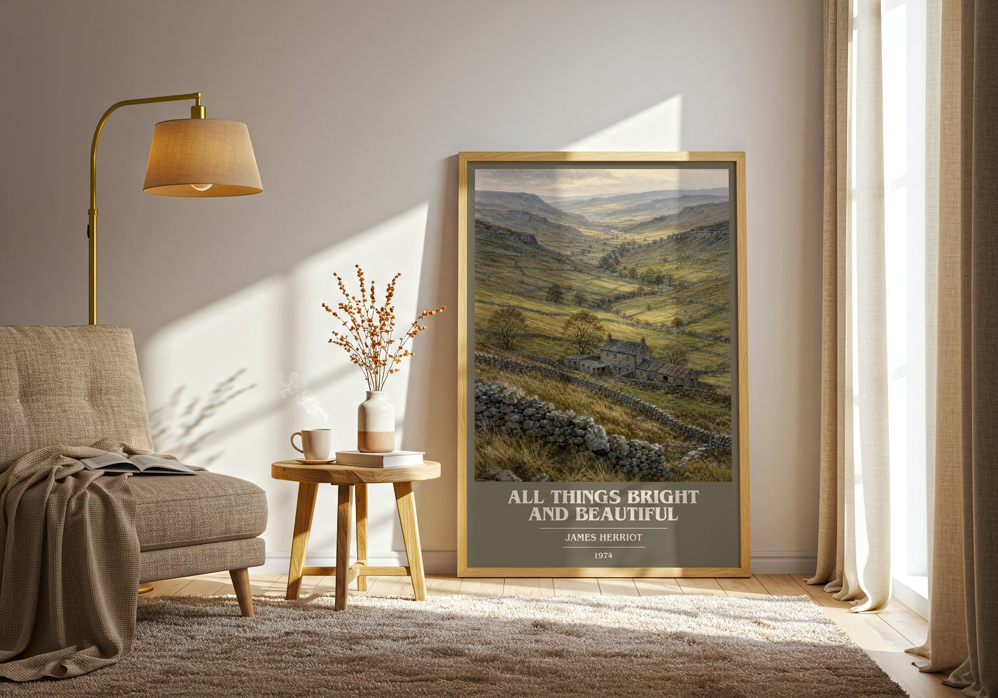 All Things Bright And Beautiful book cover print on bookshelf – James Herriot fan gift