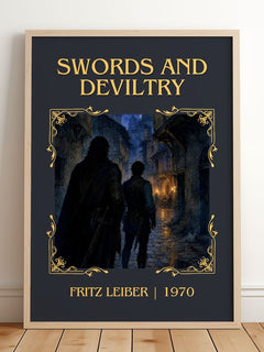 Swords and Deviltry Classic Book Art Print by Fritz Leiber – framed print leaning on a wooden floor