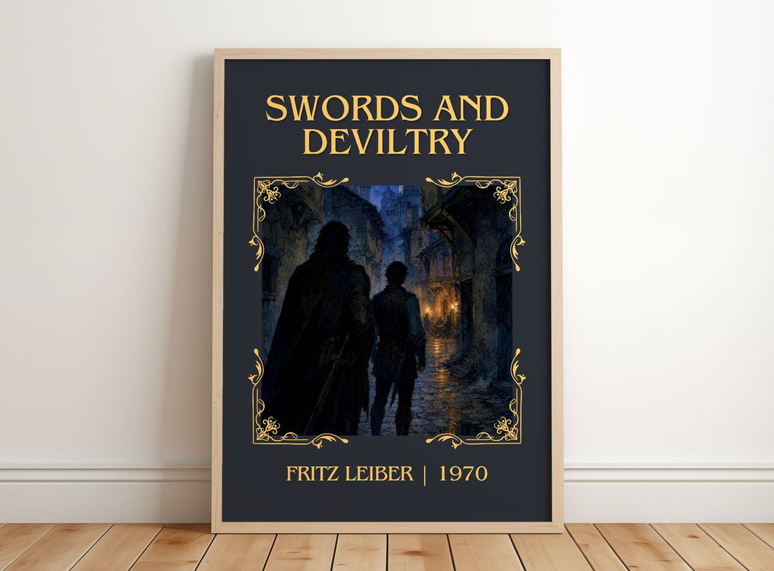 Swords and Deviltry Classic Book Art Print by Fritz Leiber – framed print leaning on a wooden floor