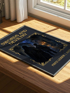 Swords and Deviltry Classic Book Art Print by Fritz Leiber – print on a sunlit desk