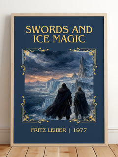 Swords and Ice Magic Classic Book Art Print by Fritz Leiber – framed print leaning on a wooden floor