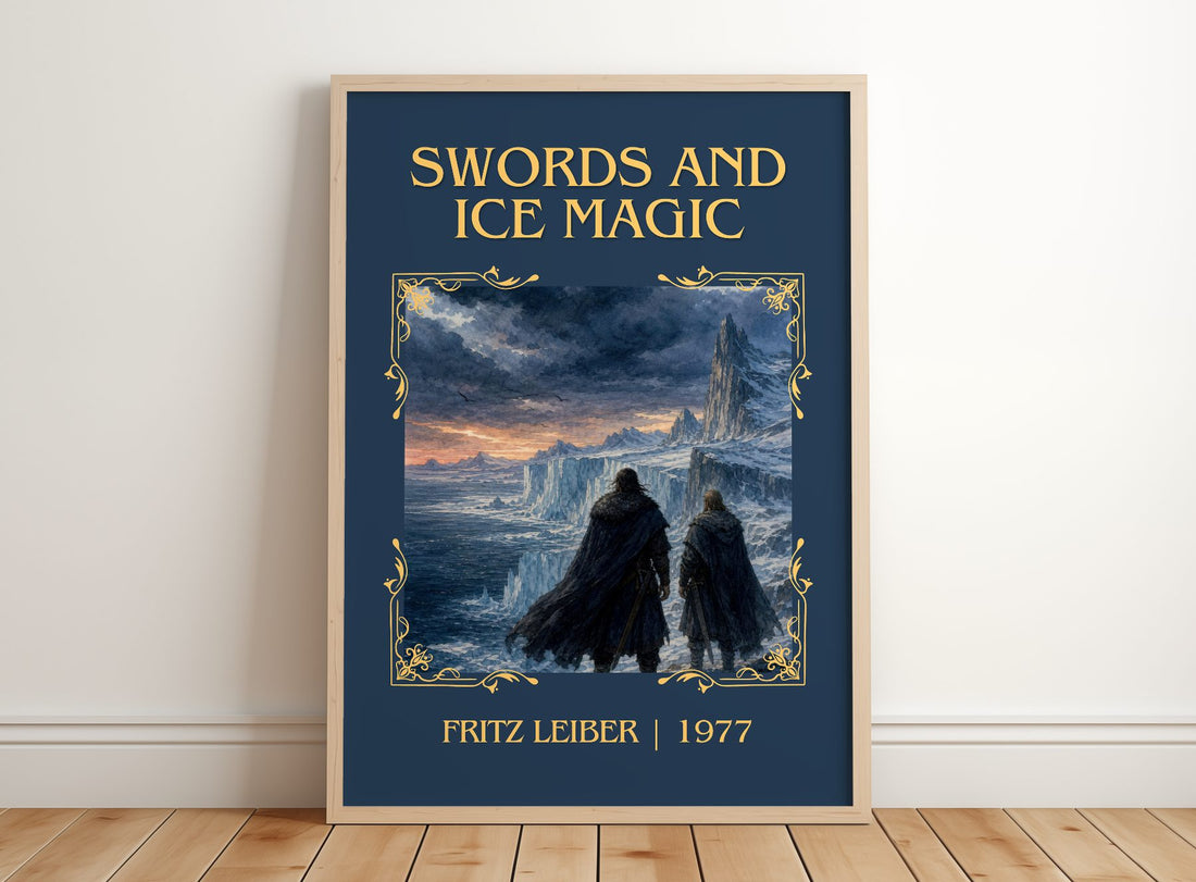 Swords and Ice Magic Classic Book Art Print by Fritz Leiber – framed print leaning on a wooden floor