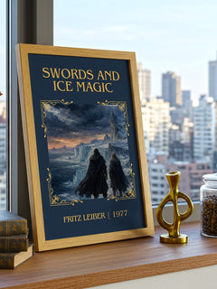 Swords and Ice Magic Classic Book Art Print by Fritz Leiber – framed print on a city-view windowsill