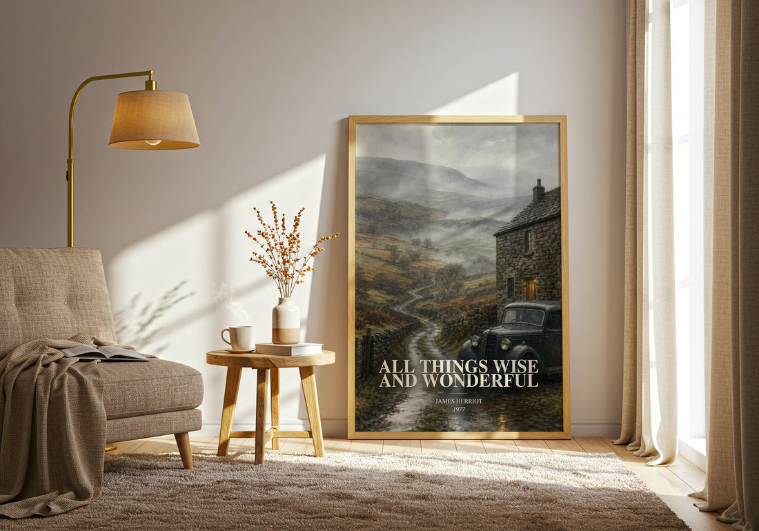 All Things Wise And Wonderful watercolour print in frame leaning in hallway – memoir wall art (mockup)