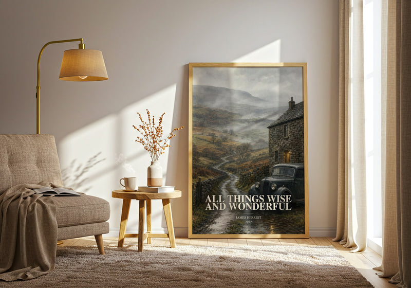 All Things Wise And Wonderful watercolour print in frame leaning in hallway – memoir wall art