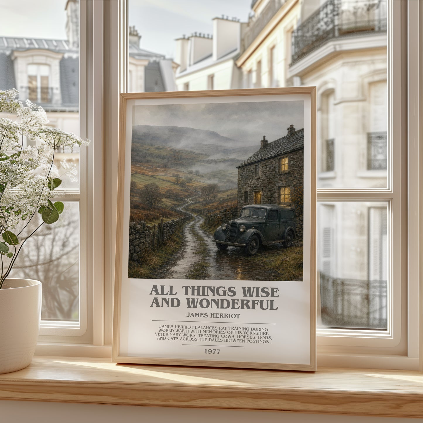 All Things Wise And Wonderful bookish poster colour and style options – James Herriot book art
