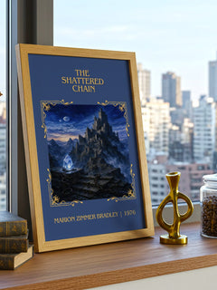 The Shattered Chain Classic Book Art Print by Marion Zimmer Bradley – framed print on a city-view windowsill