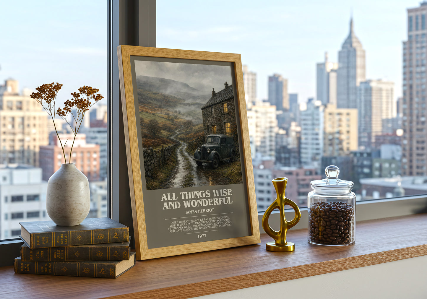 All Things Wise And Wonderful bookish print framed by window – literary home decor