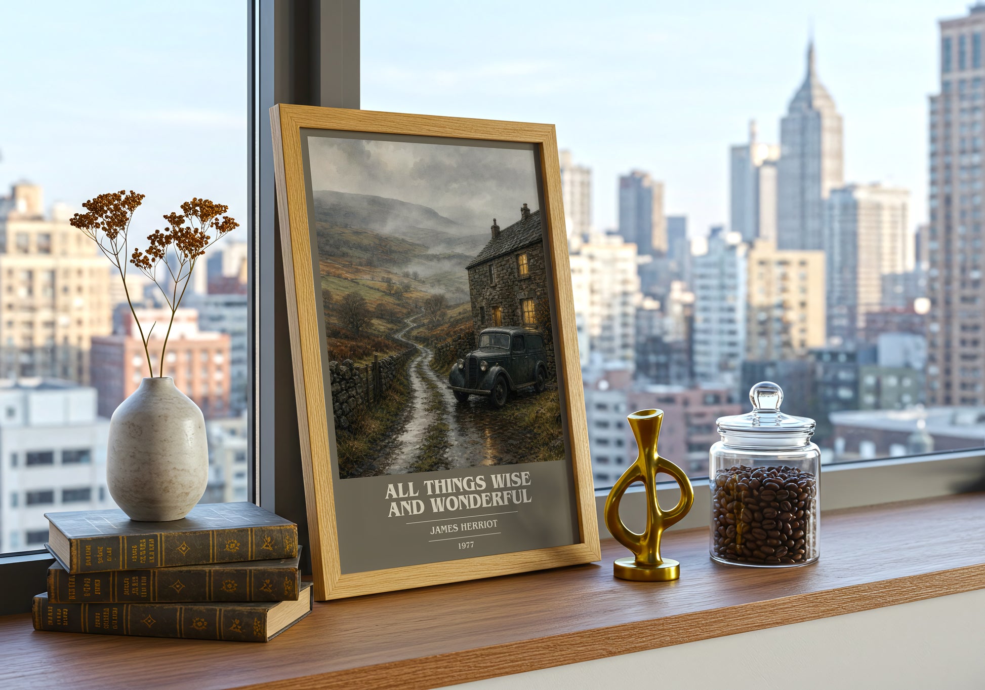 All Things Wise And Wonderful book cover print framed by window – literary home decor