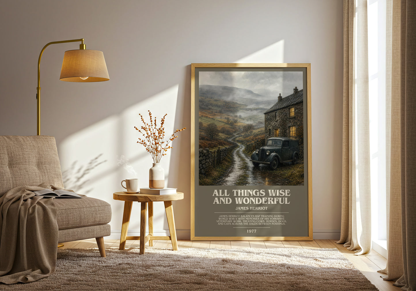 All Things Wise And Wonderful bookish print on bookshelf – James Herriot fan gift