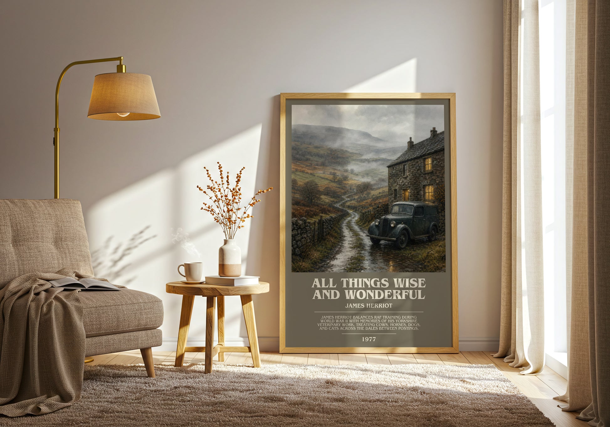 All Things Wise And Wonderful bookish print on bookshelf – James Herriot fan gift