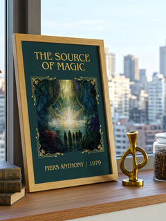 The Source of Magic Classic Book Art Print by Piers Anthony – framed print on a city-view windowsill