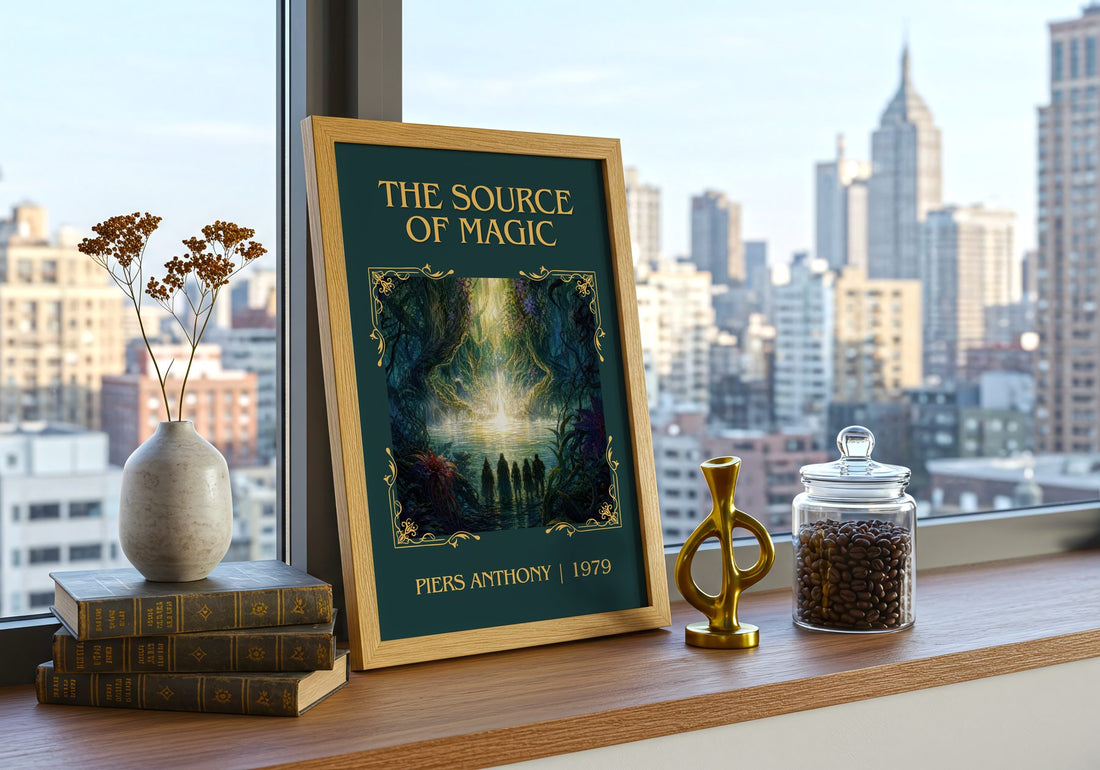 The Source of Magic Classic Book Art Print by Piers Anthony – framed print on a city-view windowsill