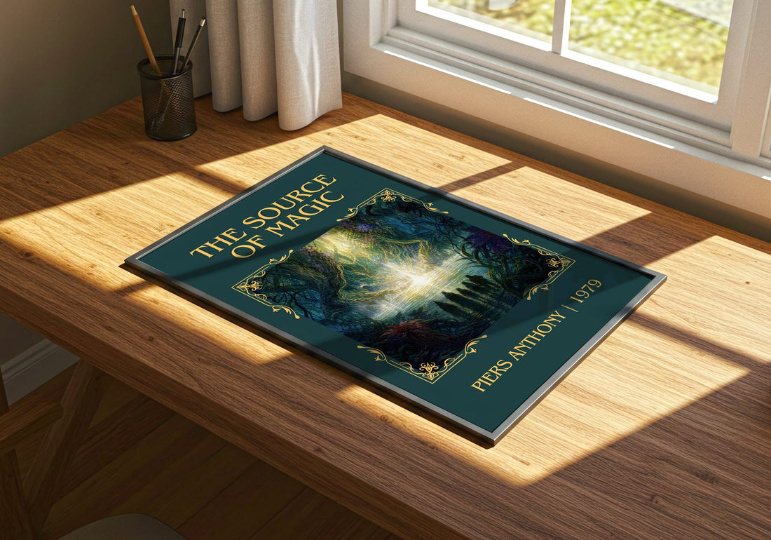 The Source of Magic Classic Book Art Print by Piers Anthony – print on a sunlit desk