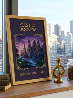 Castle Roogna Classic Book Art Print by Piers Anthony – framed print on a city-view windowsill