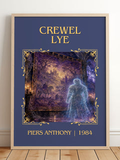 Crewel Lye Classic Book Art Print by Piers Anthony – framed print leaning on a wooden floor
