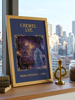 Crewel Lye Classic Book Art Print by Piers Anthony – framed print on a city-view windowsill