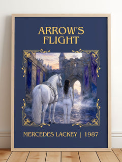 Arrow's Flight Classic Book Art Print by Mercedes Lackey – framed print leaning on a wooden floor