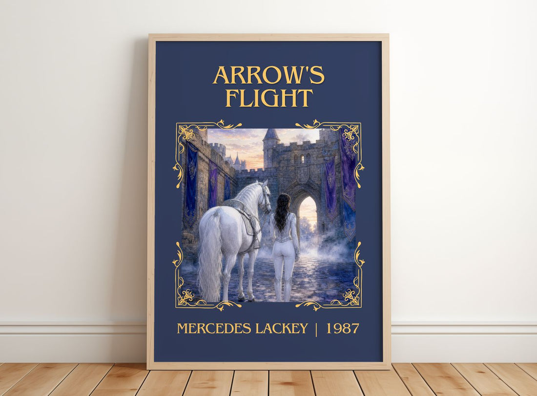 Arrow's Flight Classic Book Art Print by Mercedes Lackey – framed print leaning on a wooden floor