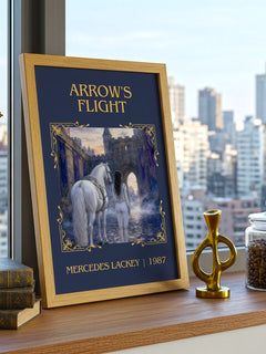 Arrow's Flight Classic Book Art Print by Mercedes Lackey – framed print on a city-view windowsill