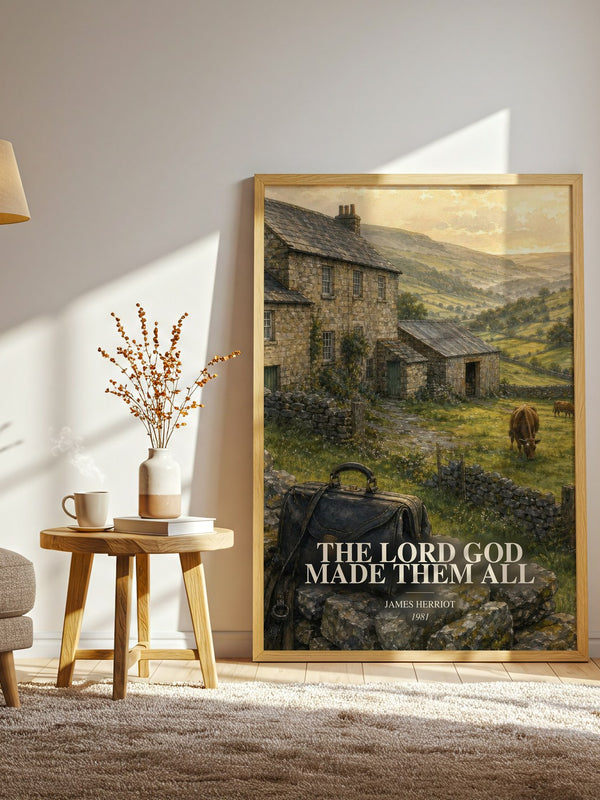 The Lord God Made Them All watercolour print in frame leaning in hallway – memoir wall art
