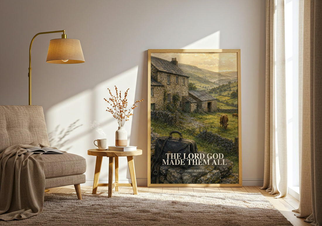 The Lord God Made Them All watercolour print in frame leaning in hallway – memoir wall art (mockup)