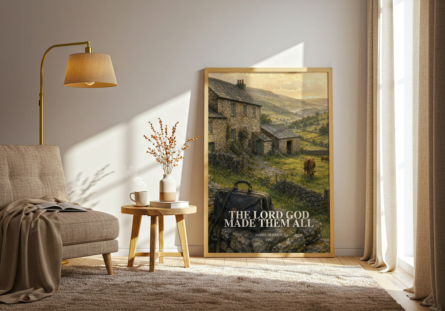 The Lord God Made Them All watercolour print in frame leaning in hallway – memoir wall art