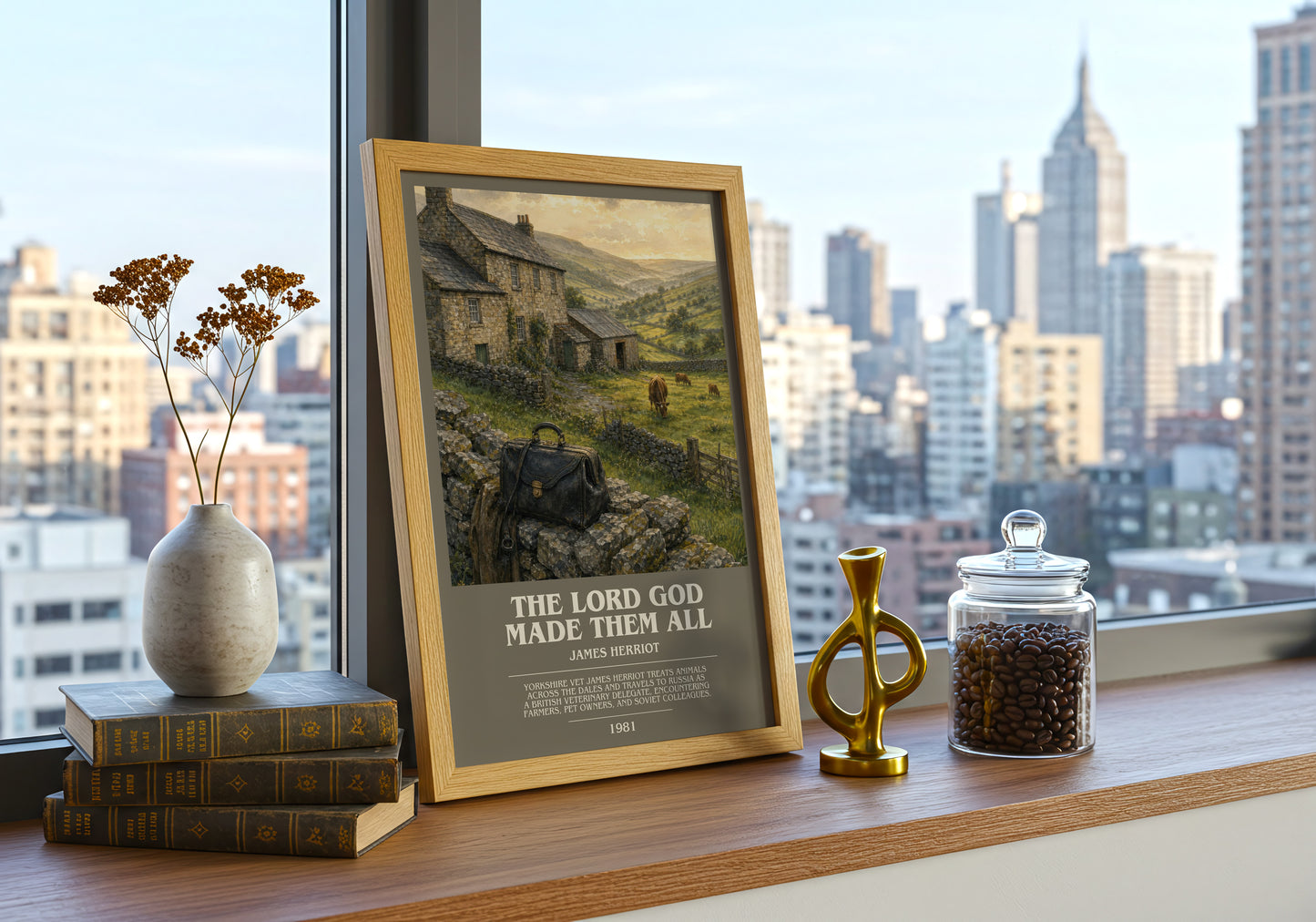 The Lord God Made Them All bookish print framed by window – literary home decor