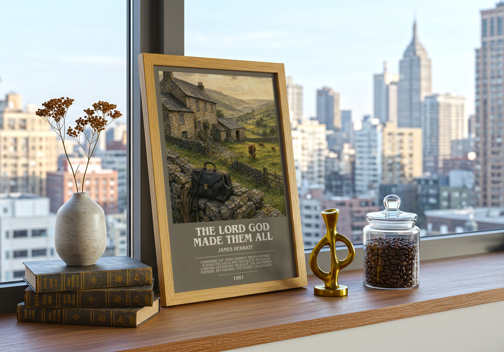 The Lord God Made Them All bookish print framed by window – literary home decor
