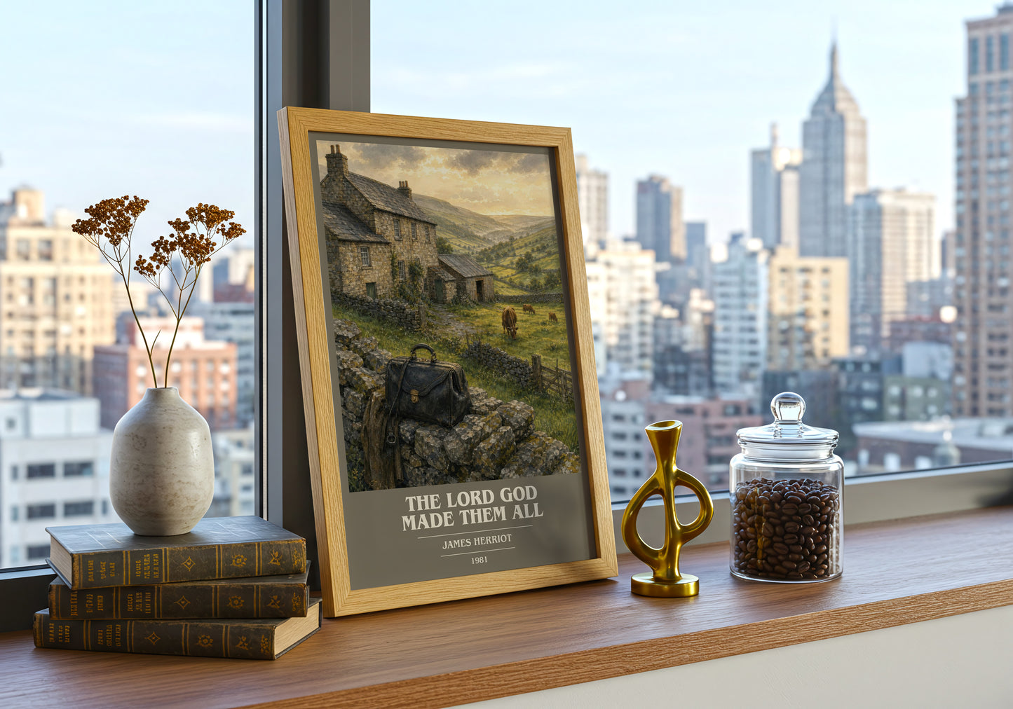 The Lord God Made Them All book cover print framed by window – literary home decor