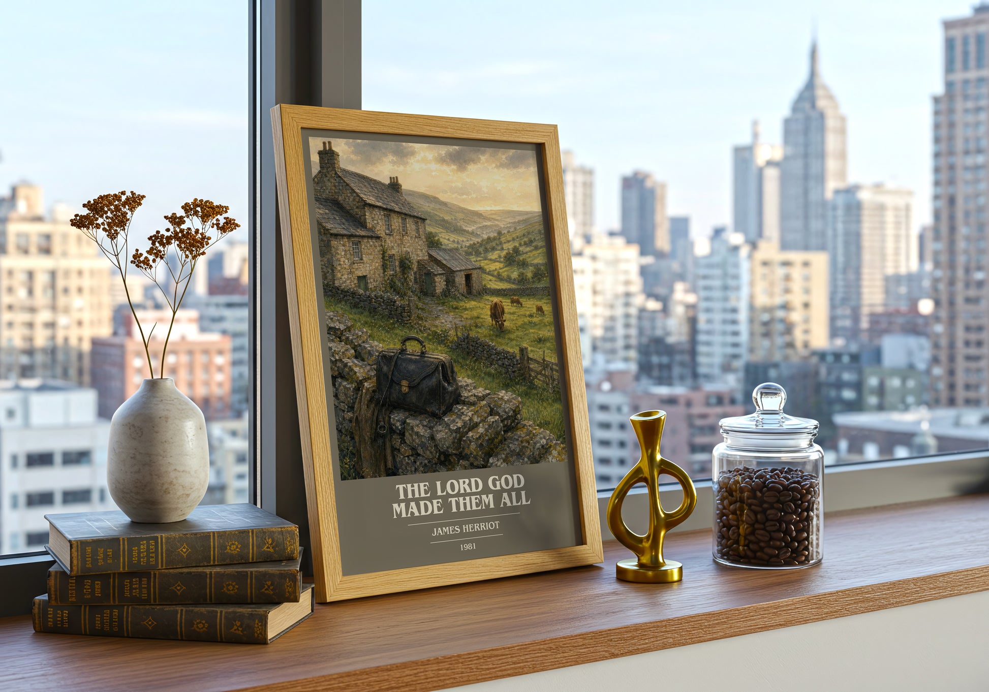 The Lord God Made Them All book cover print framed by window – literary home decor