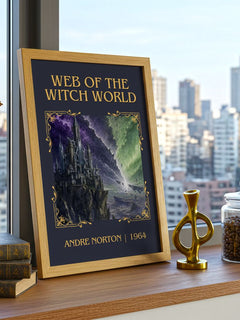 Web of the Witch World Classic Book Art Print by Andre Norton – framed print on a city-view windowsill