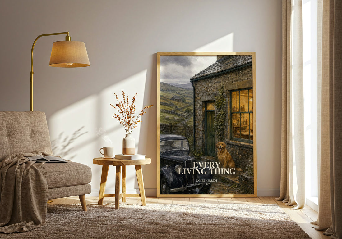 Every Living Thing watercolour print in frame leaning in hallway – memoir wall art (mockup)