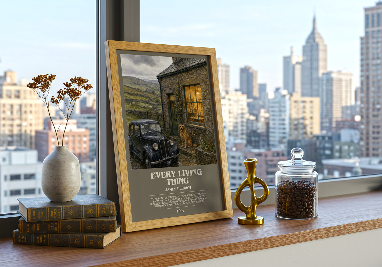 Every Living Thing bookish print framed by window – literary home decor