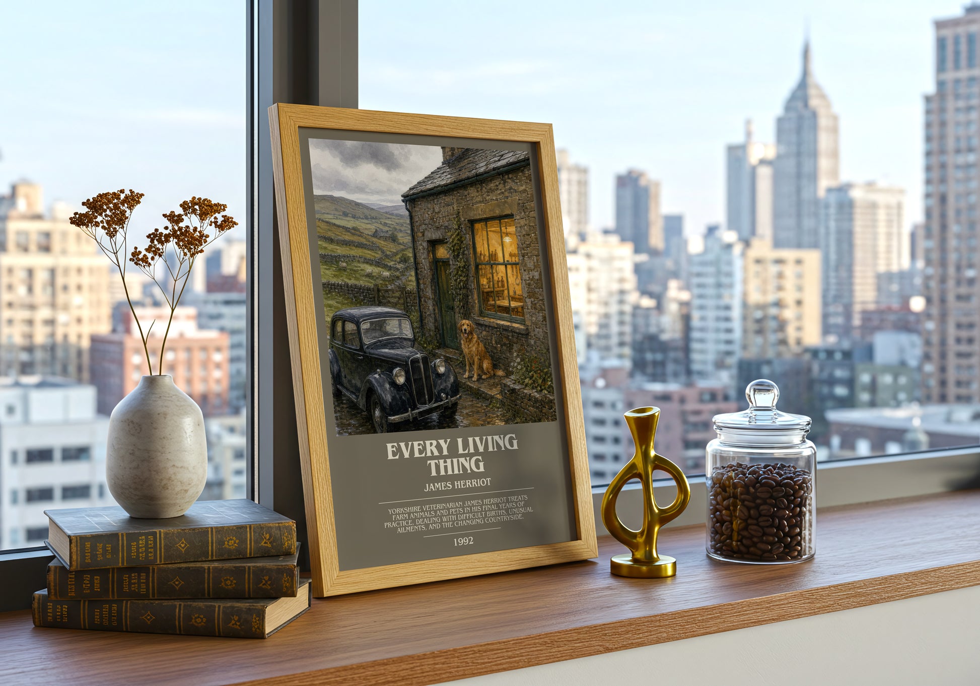 Every Living Thing bookish print framed by window – literary home decor