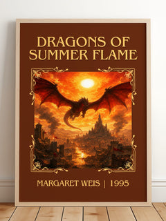 Dragons of Summer Flame Classic Book Art Print by Margaret Weis – framed print leaning on a wooden floor