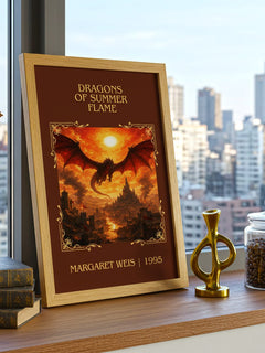 Dragons of Summer Flame Classic Book Art Print by Margaret Weis – framed print on a city-view windowsill