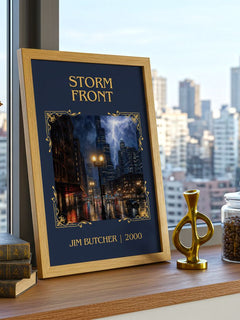 Storm Front Classic Book Art Print by Jim Butcher – framed print on a city-view windowsill