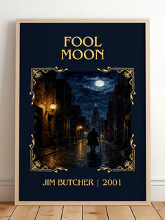 Fool Moon Classic Book Art Print by Jim Butcher – framed print leaning on a wooden floor