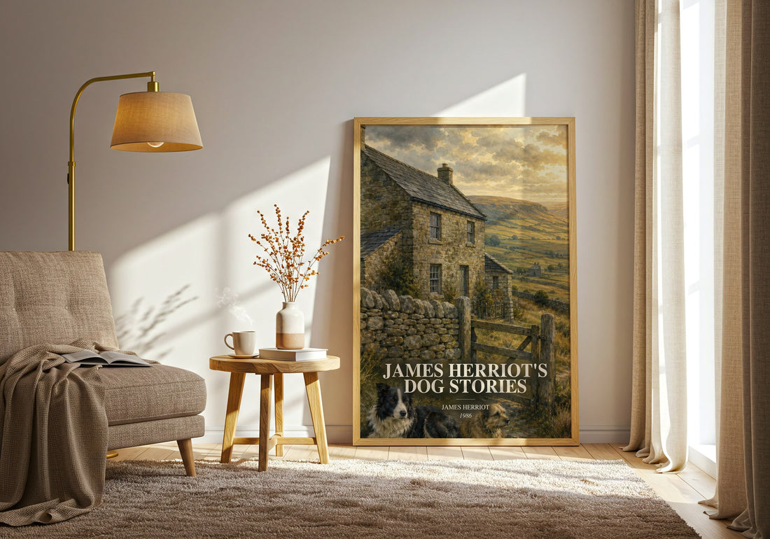 James Herriot'S Dog Stories watercolour print in frame leaning in hallway – memoir wall art (mockup)