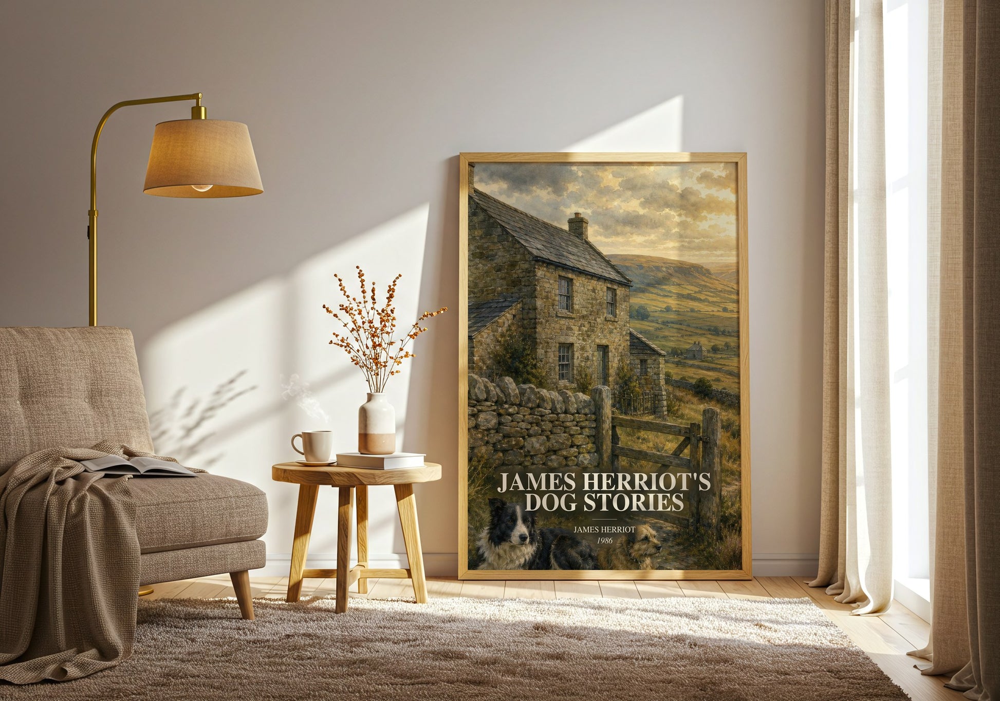 James Herriot'S Dog Stories watercolour print in frame leaning in hallway – memoir wall art
