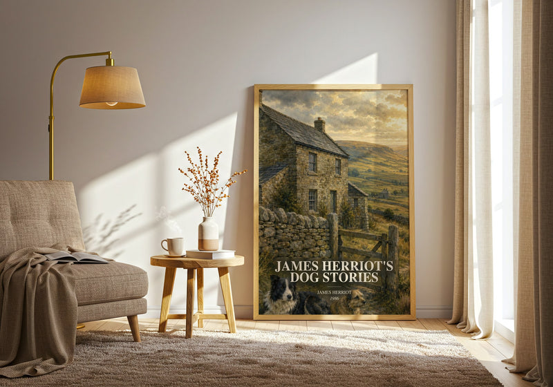 James Herriot'S Dog Stories watercolour print in frame leaning in hallway – memoir wall art