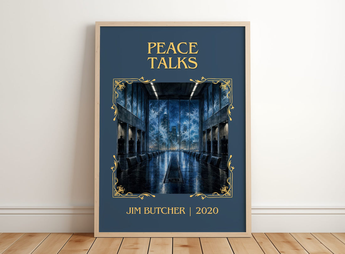 Peace Talks Classic Book Art Print by Jim Butcher – framed print leaning on a wooden floor