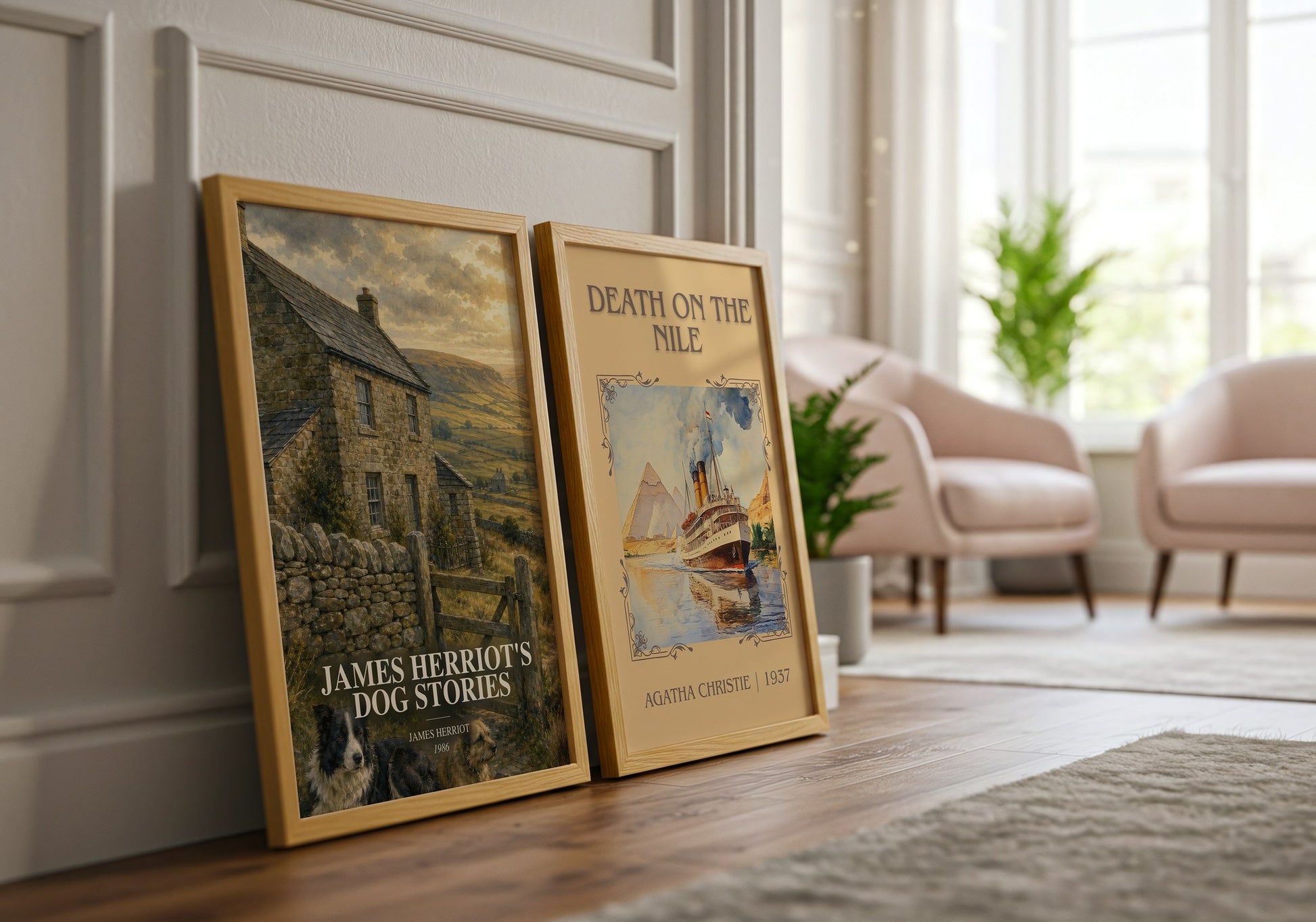 James Herriot'S Dog Stories watercolour print framed by window – literary home decor