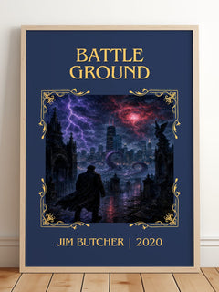 Battle Ground Classic Book Art Print by Jim Butcher – framed print leaning on a wooden floor